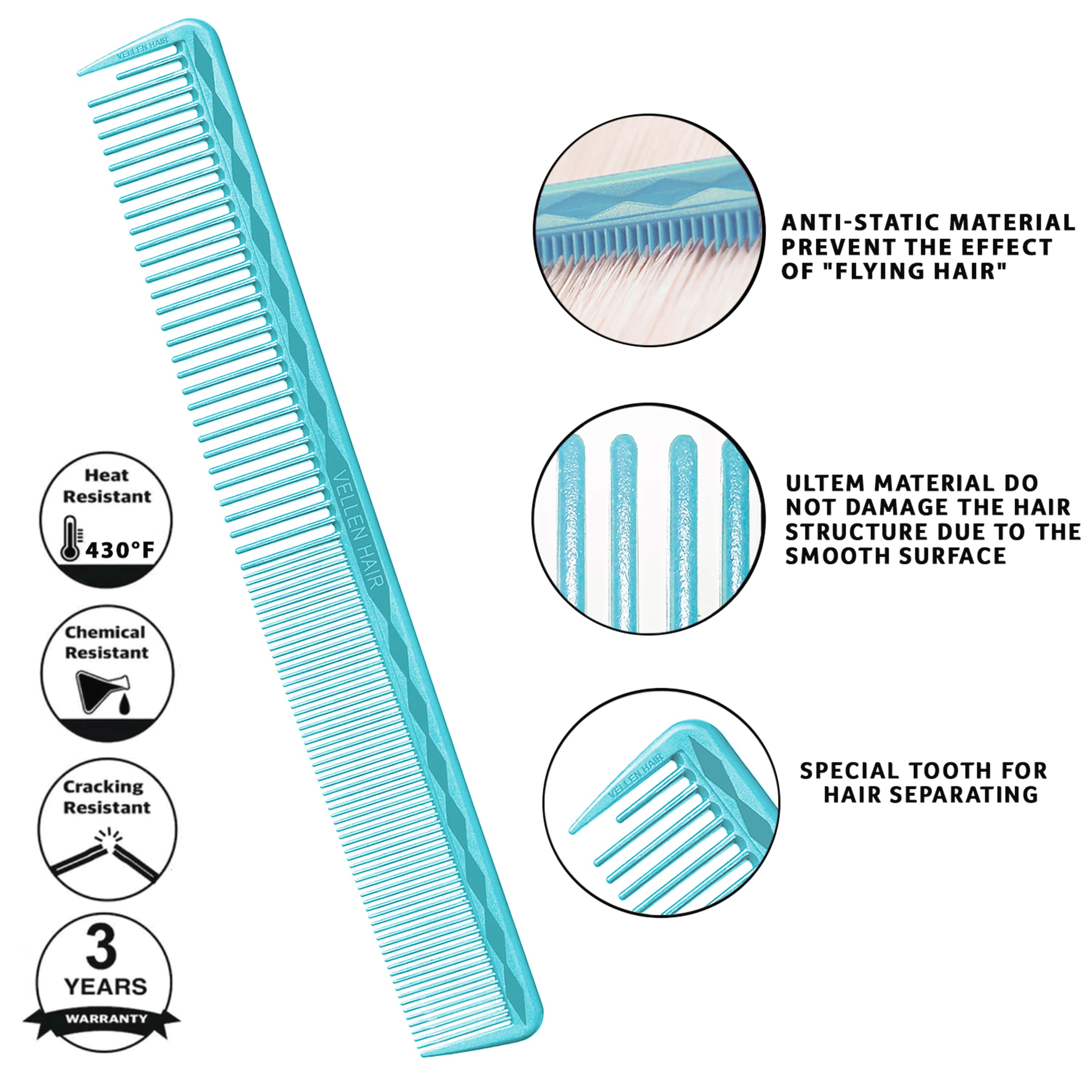 Vellen Hair® Ultimate Cutting Combs 5 Different Sizes Blue VellenHair