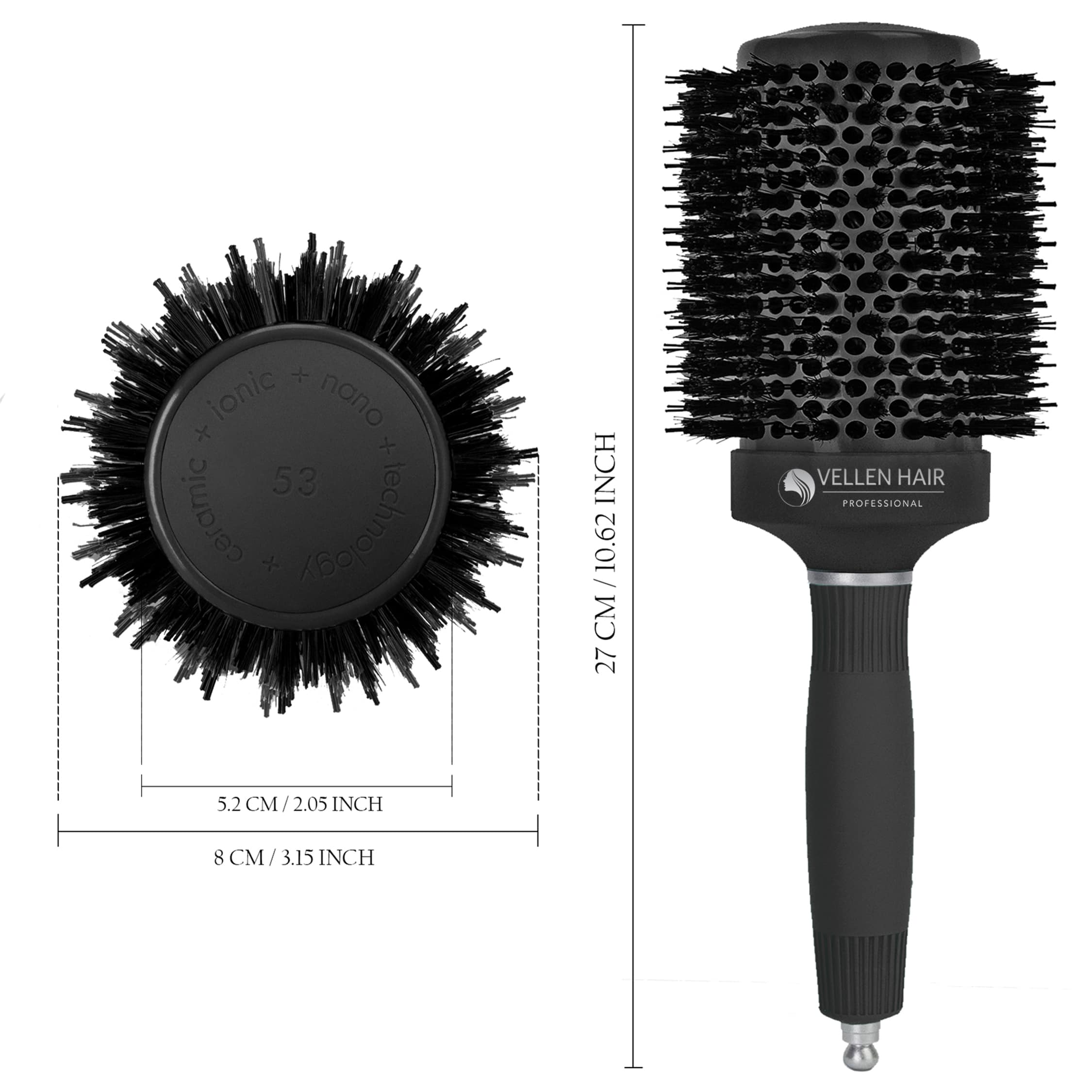 Vellen Hair Ceramic Round Hairbrush 2 inch / 53 mm - Black