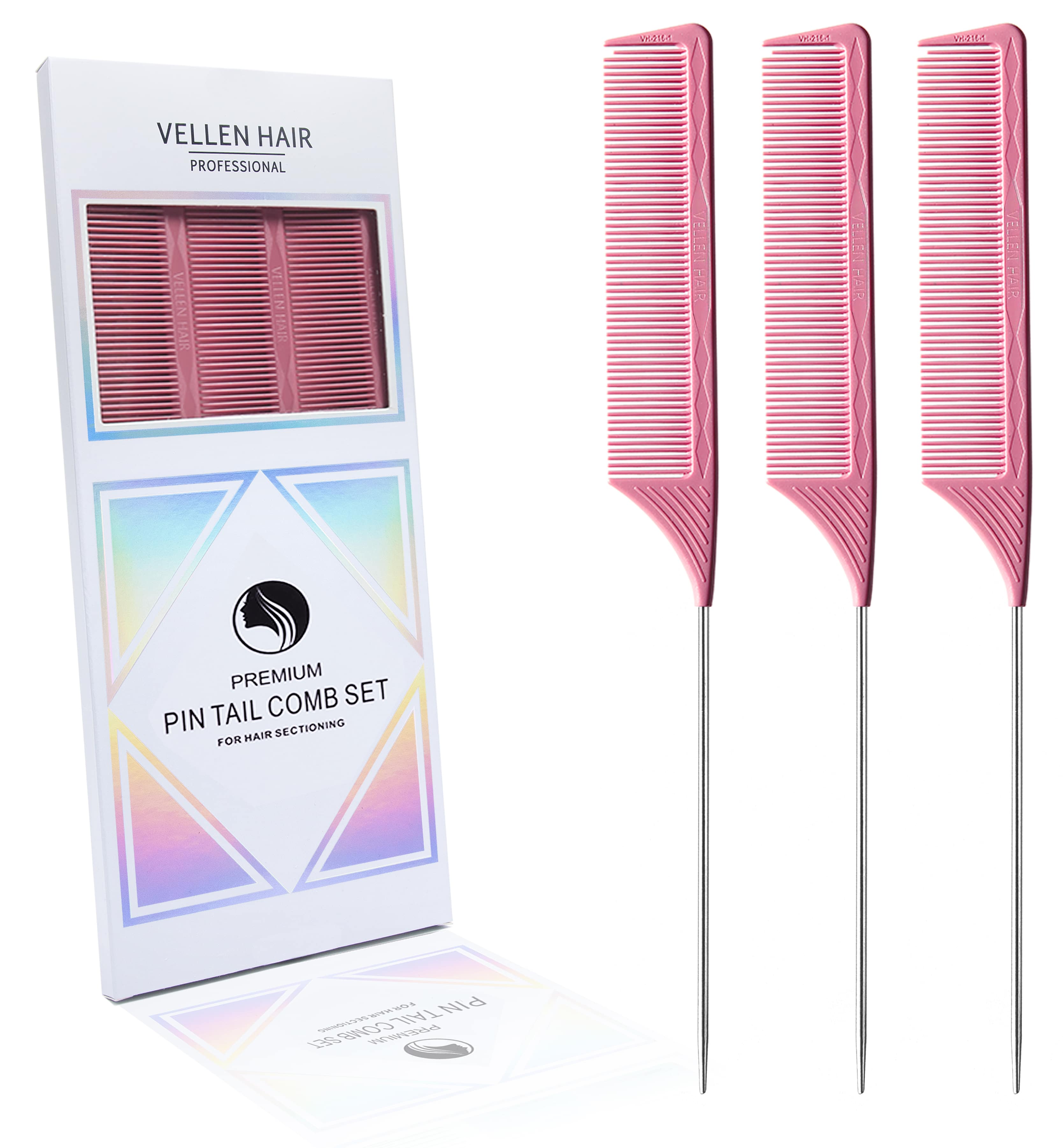 VELLEN HAIR® ULTIMATE PIN TAIL COMBS 3 PACK - PINK