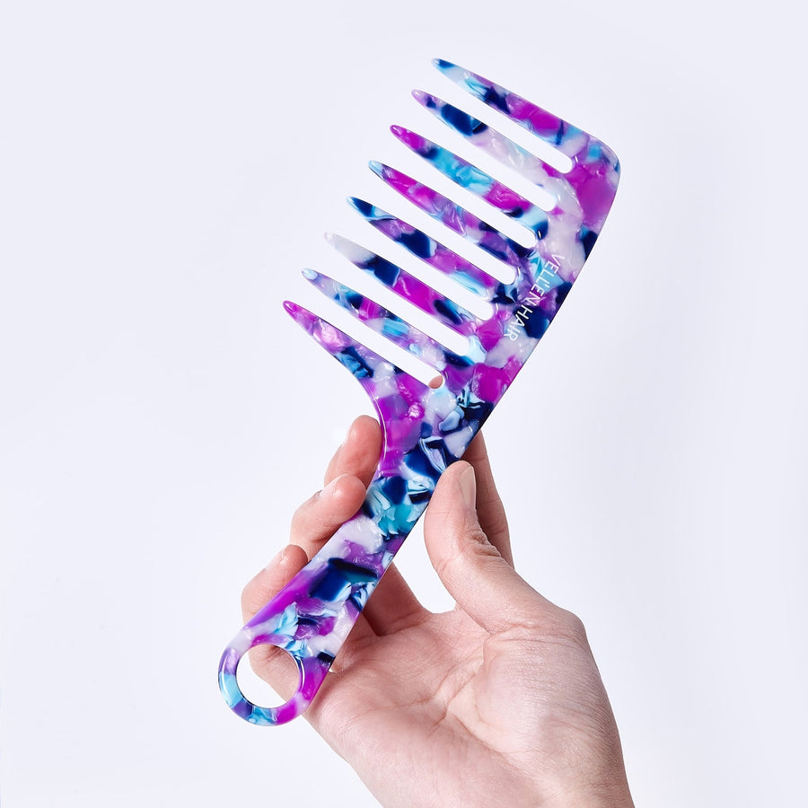 Vellen Hair VH-708 7.5-Inch Cellulose Acetate Wide-Tooth Comb – The Ultimate Detangling Solution for Smooth, Healthy Hair - Purple/Blue
