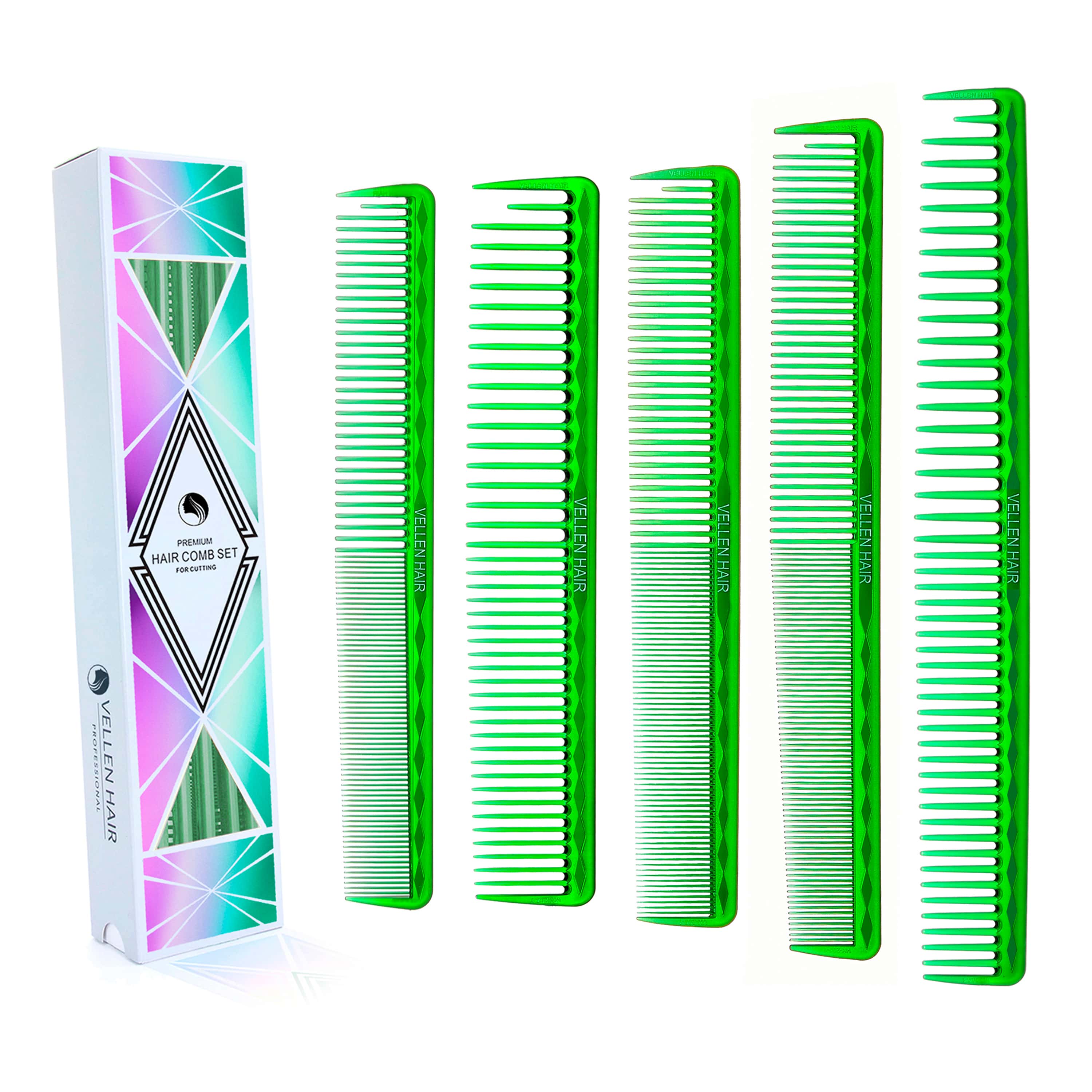Vellen Hair® Ultimate Cutting Combs 5 Different Sizes - Green Transparent