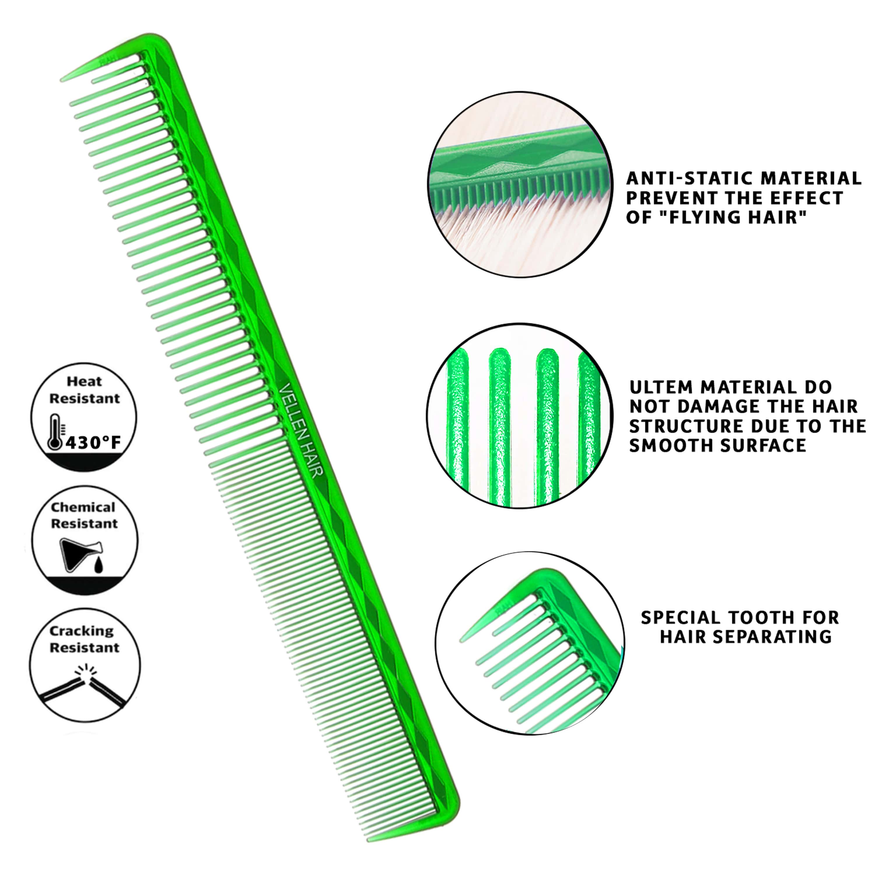 Vellen Hair® Ultimate Cutting Combs 5 Different Sizes - Green Transparent