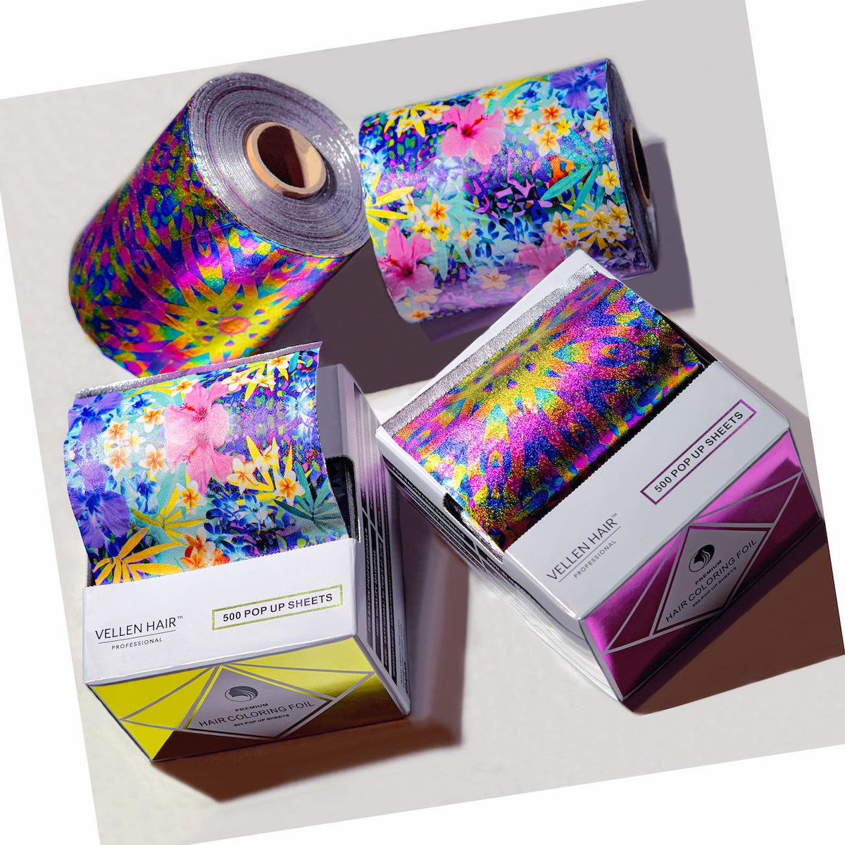 Vellen Hair foil designs: embossed aluminum foil as roll and pop-up box