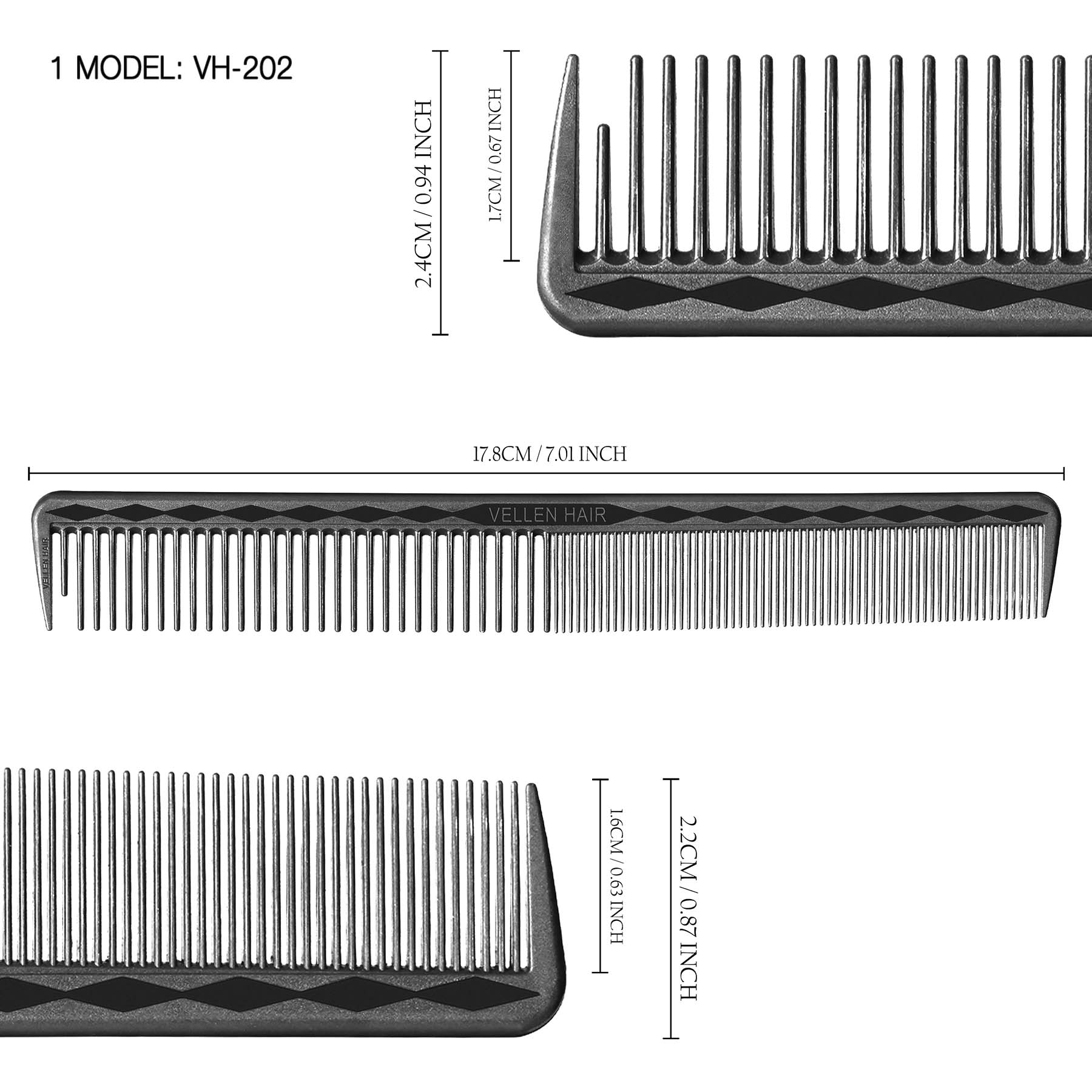 Vellen Hair® Ultimate Cutting Combs 5 Different Sizes - Black