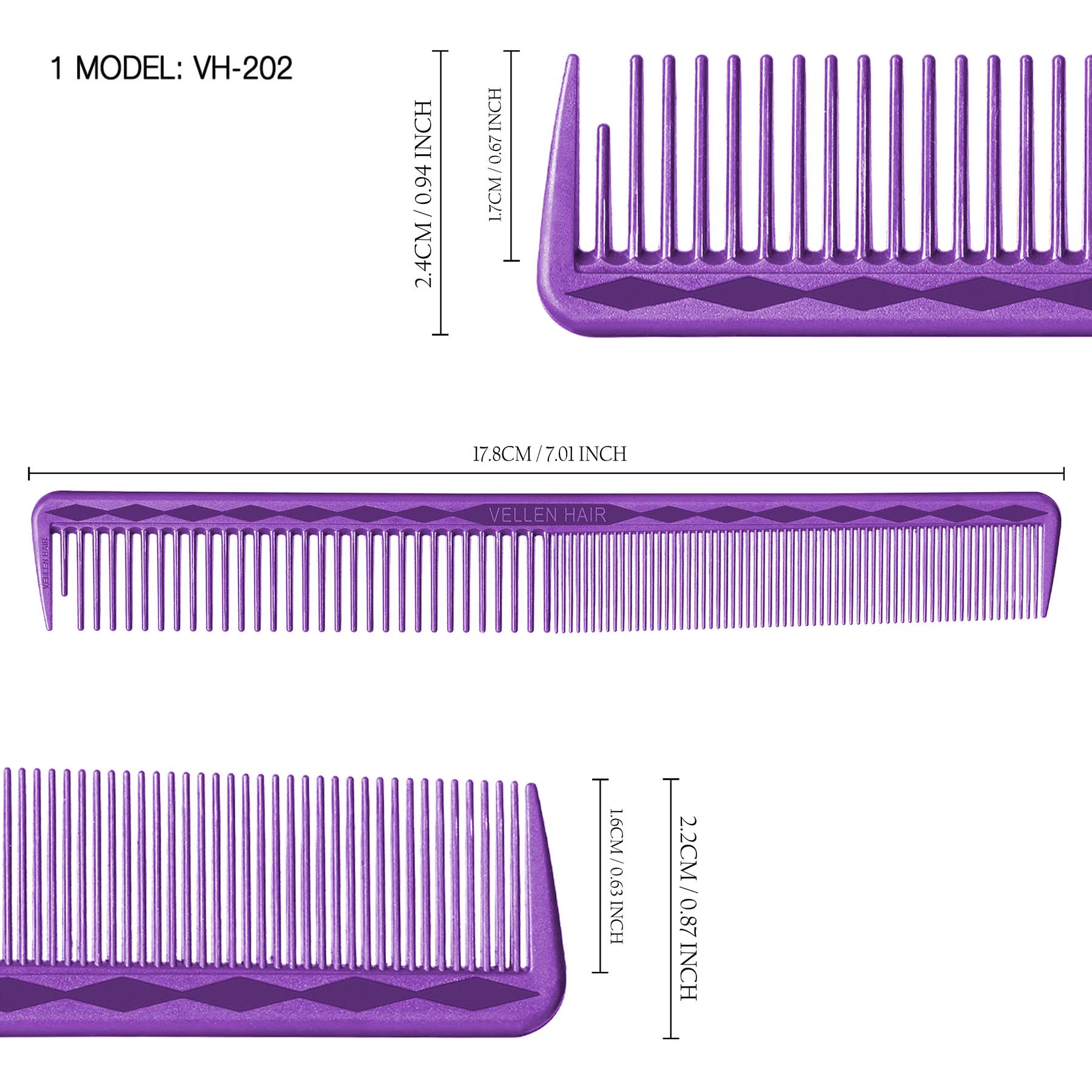 Vellen Hair® Ultimate Cutting Combs 5 Different Sizes - Purple