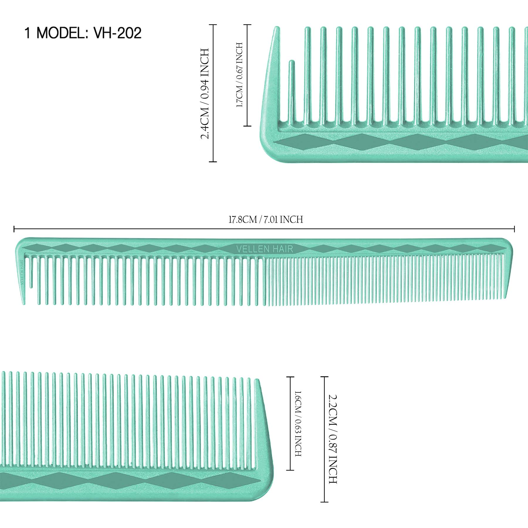 Vellen Hair® Ultimate Cutting Combs 5 Different Sizes - Mint