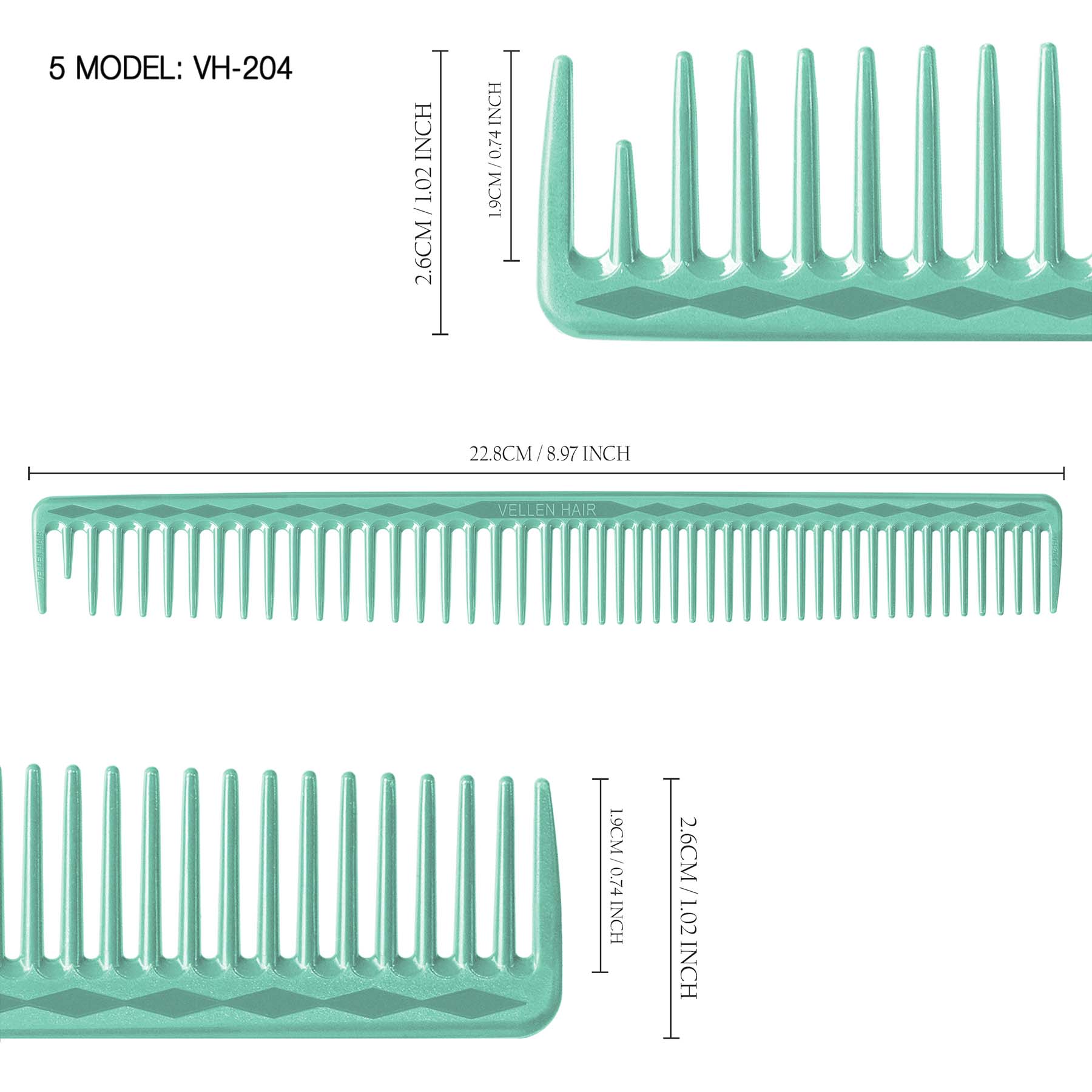 Vellen Hair® Ultimate Cutting Combs 5 Different Sizes - Mint