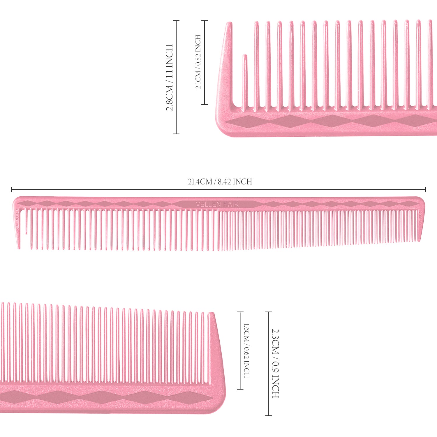 Vellen Hair® Ultimate Cutting Combs 5 Different Sizes - Pink